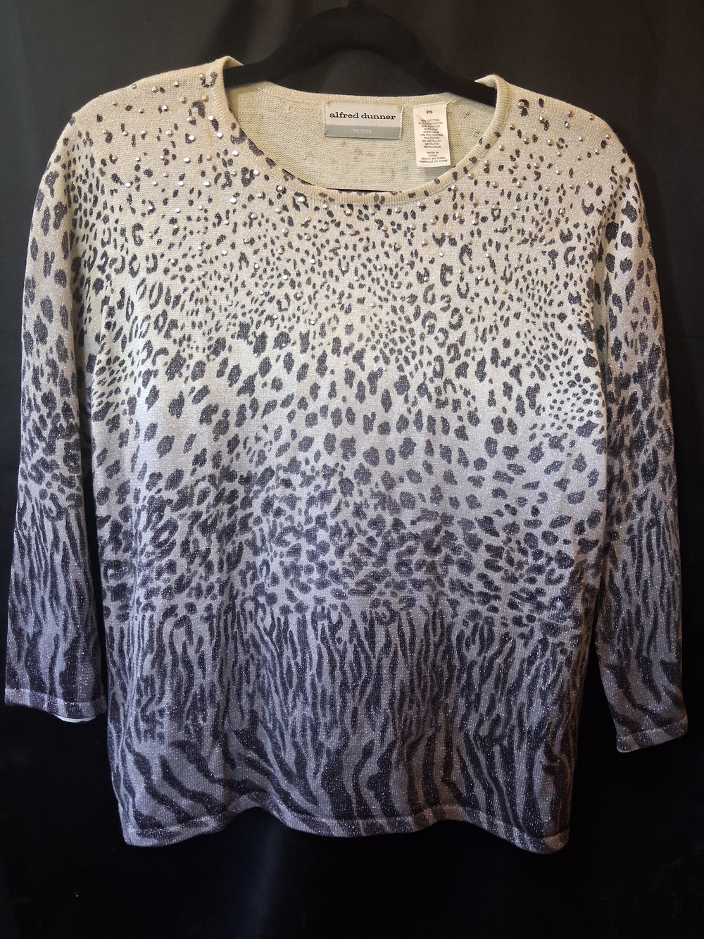 Alfred Dunner Cream to Gray Ombre Animal Print Crewneck with Rhinestones